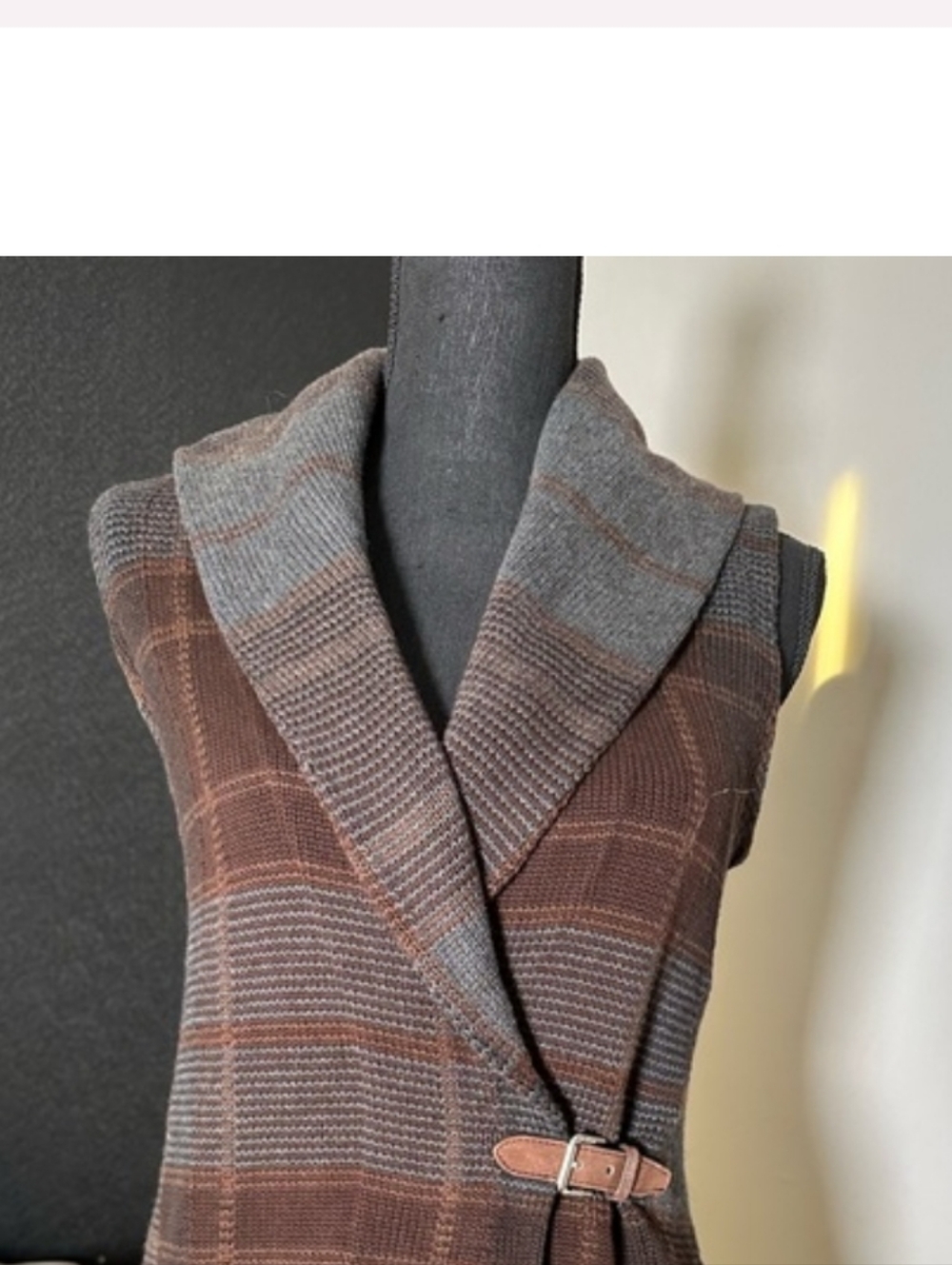 Ralph Lauren Brown & Gray Plaid Shawl-Collar Knit Vest with Belt Cottagecore